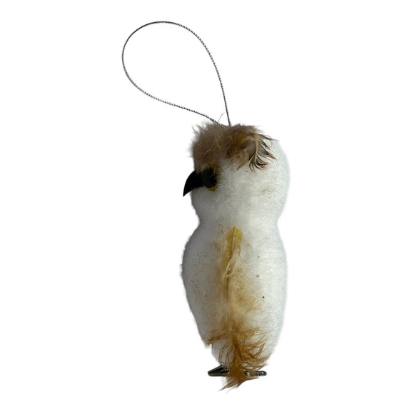 Vintage Flocked White Owl Christmas Ornament Real Feathers Clip-On Hang Bird - Picture 6 of 8